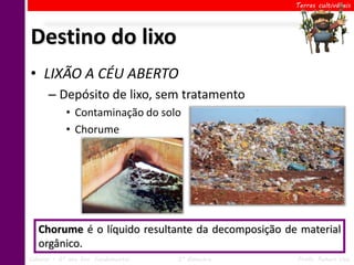Terras cultiváveis




Destino do lixo
• LIXÃO A CÉU ABERTO
      – Depósito de lixo, sem tratamento
            • Contaminação do solo
            • Chorume




   Chorume é o líquido resultante da decomposição de material
   orgânico.
Ciências – 6º ano Ens. Fundamental   2º Bimestre    Profa. Rebeca Vale
 