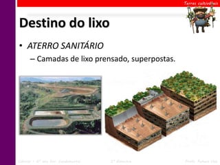 Terras cultiváveis




Destino do lixo
• ATERRO SANITÁRIO
      – Camadas de lixo prensado, superpostas.




Ciências – 6º ano Ens. Fundamental   2º Bimestre   Profa. Rebeca Vale
 