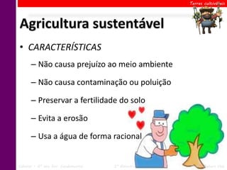 Terras cultiváveis




Agricultura sustentável
• CARACTERÍSTICAS
      – Não causa prejuízo ao meio ambiente

      – Não causa contaminação ou poluição

      – Preservar a fertilidade do solo

      – Evita a erosão

      – Usa a água de forma racional


Ciências – 6º ano Ens. Fundamental   2º Bimestre   Profa. Rebeca Vale
 