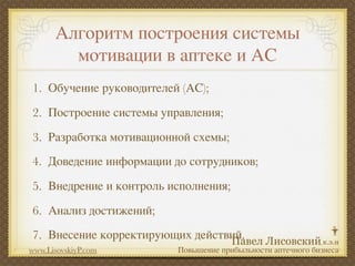 Алгоритм построения системы
        мотивации в аптеке и АС
1. Обучение руководителей (АС);
2. Построение системы управления;
3. Разработка мотивационной схемы;
4. Доведение информации до сотрудников;
5. Внедрение и контроль исполнения;
6. Анализ достижений;
7. Внесение корректирующих действий.
www.LisovskiyP.com       Повышение прибыльности аптечного бизнеса
 