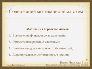 Содержание мотивационных схем


                     Мотивация первостольников:
1. Выполнение финансовых показателей;
2. Эффективная работа с клиентами;
3. Выполнение дополнительных обязанностей;
4. Дополнительные мотивационные премии.


www.LisovskiyP.com              Повышение прибыльности аптечного бизнеса
 