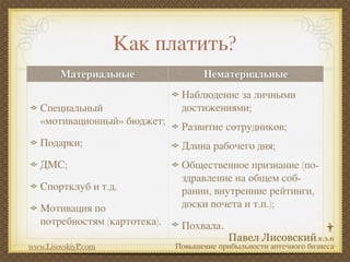 Как платить?
        Материальные                  Нематериальные
                                Наблюдение за личными
   Специальный                  достижениями;
   «мотивационный» бюджет;
                                Развитие сотрудников;
   Подарки;                     Длина рабочего дня;
   ДМС;                         Общественное признание (по-
                                здравление на общем соб-
   Спортклуб и т.д.             рании, внутренние рейтинги,
   Мотивация по                 доски почета и т.п.);
   потребностям (картотека).    Похвала.
www.LisovskiyP.com             Повышение прибыльности аптечного бизнеса
 