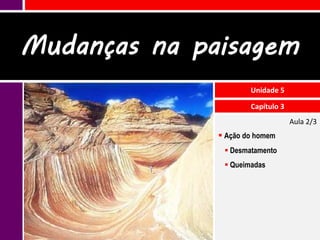 Mudanças na paisagem
                      Unidade 5

                      Capítulo 3
                                   Aula 2/3
               Ação do homem
                Desmatamento
                Queimadas
 