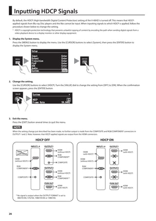 26 
By default, the HDCP (High-bandwidth Digital Content Protection) setting of the V-40HD is turned off. This means that HDCP-applied 
signals from Blu-ray Disc players and the like cannot be input. When inputting signals to which HDCP is applied, follow the 
procedure shown below to change the setting. 
* HDCP is copyright-protection technology that prevents unlawful copying of content by encoding the path when sending digital signals from a 
video playback device to a display monitor or other display equipment. 
1. Display the System menu. 
Press the [MENU] button to display the menu. Use the [CURSOR] buttons to select [System], then press the [ENTER] button to 
display the System menu. 
fig.open-system-menu.eps 
2. Change the setting. 
Use the [CURSOR] buttons to select [HDCP]. Turn the [VALUE] dial to change the setting from [OFF] to [ON]. When the confirmation 
screen appears, press the [ENTER] button. 
fig.HDCP-setting.eps 
3. Exit the menu. 
Press the [EXIT] button several times to quit the menu. 
When the setting change just described has been made, no further output is made from the COMPOSITE and RGB/COMPONENT connectors in 
OUTPUT 1 and 2. Note, however, that HDCP-applied signals are output from the HDMI connectors. 
fig.HDCP-on-off.eps 
HDCP OFF HDCP ON 
HDMI 
(with HDCP) 
HDMI 
(without HDCP) 
RGB/ 
COMPONENT 
COMPOSITE 
OUTPUT1 
PVW OUT 
INPUT1-4 
OUTPUT2 
HDMI 
(without HDCP) 
RGB/ 
COMPONENT* 
COMPOSITE 
HDMI 
(without HDCP) 
RGB/ 
COMPONENT * 
HDMI 
(with HDCP) 
* No signal is output when the OUTPUT FORMAT is set to 
480/59.94i, 576/50i, 1080/59.94i or 1080/50i. 
HDMI 
(with HDCP) 
RGB/ 
COMPONENT 
COMPOSITE 
OUTPUT1 
PVW OUT 
INPUT1-4 
OUTPUT2 
HDMI 
(without HDCP) 
HDMI 
(with HDCP) 
HDMI 
(with HDCP) 
HDMI 
(with HDCP) 
Inputting HDCP Signals 
 