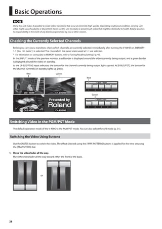 28 
Basic Operations 
Using this unit makes it possible to create video transitions that occur at extremely high speeds. Depending on physical condition, viewing such 
video might cause headache or discomfort. Never use this unit to create or present such video that might be distressful to health. Roland assumes 
no responsibility in the event of any distress experienced by you or other viewers. 
Checking the Currently Selected Channels 
Before you carry out a transition, check which channels are currently selected. Immediately after turning the V-40HD on, MEMORY 
1-1 (No. 1 in bank 1) is selected. The channels in the panel state saved at 1-1 are selected. 
* For information on saving data to MEMORY buttons, refer to “Saving/Recalling Settings” (p. 40). 
In the [INPUT] mode of the preview monitor, a red border is displayed around the video currently being output, and a green border 
is displayed around the video on standby. 
At the [A-BUS/PGM] input selectors, the button for the channel currently being output lights up red. At [B-BUS/PST], the button for 
the channel currently on standby lights up green. 
fig.current-selection.eps 
CH.1 HDMI CH.2 HDMI 
Presented by 
CH.3 HDMI CH.4 HDMI 
Red 
Green 
Red Green 
Switching Video in the PGM/PST Mode 
The default operation mode of the V-40HD is the PGM/PST mode. You can also select the A/B mode (p. 31). 
Switching the Video Using Buttons 
Use the [AUTO] button to switch the video. The effect selected using the [WIPE PATTERN] buttons is applied for the time set using 
the [TRANSITION] dial. 
1. Move the video fader all the way. 
Move the video fader all the way toward either the front or the back. 
fig.fader-max.eps 
or 
 