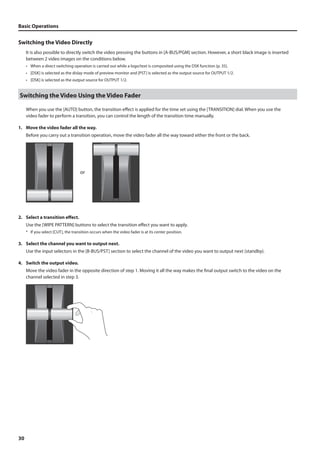 Basic Operations 
Switching the Video Directly 
30 
It is also possible to directly switch the video pressing the buttons in [A-BUS/PGM] section. However, a short black image is inserted 
between 2 video images on the conditions below. 
• When a direct switching operation is carried out while a logo/text is composited using the DSK function (p. 35). 
• [DSK] is selected as the dislay mode of preview monitor and [PST] is selected as the output source for OUTPUT 1/2. 
• [DSK] is selected as the output source for OUTPUT 1/2. 
Switching the Video Using the Video Fader 
When you use the [AUTO] button, the transition effect is applied for the time set using the [TRANSITION] dial. When you use the 
video fader to perform a transition, you can control the length of the transition time manually. 
1. Move the video fader all the way. 
Before you carry out a transition operation, move the video fader all the way toward either the front or the back. 
fig.fader-max.eps 
or 
2. Select a transition effect. 
Use the [WIPE PATTERN] buttons to select the transition effect you want to apply. 
* If you select [CUT], the transition occurs when the video fader is at its center position. 
3. Select the channel you want to output next. 
Use the input selectors in the [B-BUS/PST] section to select the channel of the video you want to output next (standby). 
4. Switch the output video. 
Move the video fader in the opposite direction of step 1. Moving it all the way makes the final output switch to the video on the 
channel selected in step 3. 
fig.move-fader.eps 
 