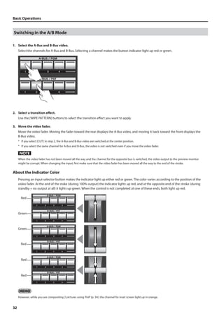 Basic Operations 
Switching in the A/B Mode 
1. Select the A-Bus and B-Bus video. 
32 
Select the channels for A-Bus and B-Bus. Selecting a channel makes the button indicator light up red or green. 
fig.select-AB-channel.eps 
2. Select a transition effect. 
Use the [WIPE PATTERN] buttons to select the transition effect you want to apply. 
3. Move the video fader. 
Move the video fader. Moving the fader toward the rear displays the A-Bus video, and moving it back toward the front displays the 
B-Bus video. 
* If you select [CUT] in step 2, the A-Bus and B-Bus video are switched at the center position. 
* If you select the same channel for A-Bus and B-Bus, the video is not switched even if you move the video fader. 
When the video fader has not been moved all the way and the channel for the opposite bus is switched, the video output to the preview monitor 
might be corrupt. When changing the input, first make sure that the video fader has been moved all the way to the end of the stroke. 
About the Indicator Color 
Pressing an input-selector button makes the indicator light up either red or green. The color varies according to the position of the 
video fader. At the end of the stoke (during 100% output) the indicator lights up red, and at the opposite end of the stroke (during 
standby = no output at all) it lights up green. When the control is not completed at one of these ends, both light up red. 
fig.red-or-green.eps 
Red 
Green 
Green 
Red 
Red 
Red 
However, while you are compositing 2 pictures using PinP (p. 34), the channel for inset screen light up in orange. 
 