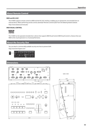Appendices 
53 
About Remote Control 
MIDI and RS-232C 
The V-40HD supports remote control via MIDI and the RS-232C interface, enabling you to operate the unit remotely from an 
external device. When performing remote control, download “Remote Control Guide” from the following Roland website. 
http://www.roland.com/manuals/ 
MIDI VISUAL CONTROL 
fig.MVC-logo.eps 
The V-40HD can be operated remotely from a device that supports MIDI Visual Control. MIDI Visual Control is a feature that uses 
MIDI to link visual expression to a musical performance. 
About the Security Slot 
You can attach a commercially available security wire here to prevent theft. 
http://www.kensington.com/ 
fig.kensington.eps 
Dimensions 
fig.dimension.eps 
Unit : mm 
116 
54 
108 
266 
317 
261 
12 
 