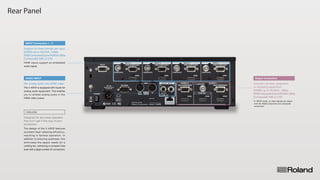 Rear Panel
AUDIO INPUT
INPUT Connectors 1 - 4
The V-40HD is equipped with inputs for
analog audio equipment. This enables
you to embed analog audio in the
HDMI video output.
Mix analog audio into HDMI video.
HDMI inputs support an embedded
audio signal.
Support for three formats per input.
[HDMI] Up to WUXGA, 1080p
[RGB/Component]UptoWUXGA,1080p
[Composite] 480i or 576i
Output Connectors
Connect monitors, projectors,
or recording equipment.
[HDMI] Up to WUXGA, 1080p
[RGB/Component]UptoWUXGA,1080p
[Composite] 480i or 576i
Designed for low-noise operation
that won't get in the way of your
production.
FANLESS
The design of the V-40HD features
excellent heat-radiating efficiency,
resulting in fanless operation. In
addition to ensuring quietness, this
eliminates the space needs for a
cooling fan, achieving a compact size
even with a large number of connectors.
*In HDCP mode, no video signals are output
from the RGB/Component and composite
connectors.
 