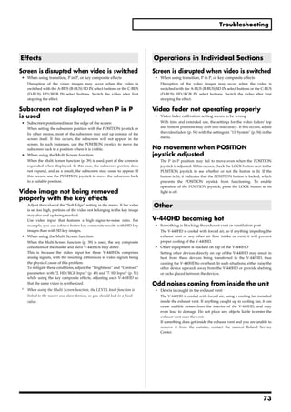 Troubleshooting




Effects                                                                     Operations in Individual Sections

Screen is disrupted when video is switched                                  Screen is disrupted when video is switched
• When using transition, P in P, or key composite effects                   • When using transition, P in P, or key composite effects
    Disruption of the video images may occur when the video is                 Disruption of the video images may occur when the video is
    switched with the A-BUS (B-BUS) SD IN select buttons or the C-BUS          switched with the A-BUS (B-BUS) SD IN select buttons or the C-BUS
    (D-BUS) HD/RGB IN select buttons. Switch the video after first             (D-BUS) HD/RGB IN select buttons. Switch the video after first
    stopping the effect.                                                       stopping the effect.

Subscreen not displayed when P in P                                         Video fader not operating properly
is used                                                                     • Video fader calibration setting seems to be wrong
• Subscreen positioned near the edge of the screen                             With time and extended use, the settings for the video faders’ top
    When setting the subscreen position with the POSITION joystick or          and bottom positions may drift into inaccuracy. If this occurs, adjust
    by other means, most of the subscreen may end up outside of the            the video faders (p. 54) with the settings in "13. System" (p. 54) in the
    screen itself. If this occurs, the subscreen will not appear in the        menu.
    screen. In such instances, use the POSITION joystick to move the
    subscreen back to a position where it is visible.                       No movement when POSITION
• When using the Multi Screen function                                      joystick adjusted
    When the Multi Screen function (p. 39) is used, part of the screen is      The P in P position may fail to move even when the POSITION
    expanded when displayed. In this case, the subscreen portion does          joystick is adjusted. If this occurs, check the LOCK button next to the
    not expand, and as a result, the subscreen may cease to appear. If         POSITION joystick to see whether or not the button is lit. If the
    this occurs, use the POSITION joystick to move the subscreen back          button is lit, it indicates that the POSITION button is locked, which
    to a suitable position.                                                    prevents the POSITION joystick from functioning. To enable
                                                                               operation of the POSITION joystick, press the LOCK button so its
Video image not being removed                                                  light is off.
properly with the key effects
    Adjust the value of the “Soft Edge” setting in the menu. If the value   Other
    is set too high, portions of the video not belonging to the key image
    may also end up being masked.
    Use video input that features a high signal-to-noise ratio. For         V-440HD becoming hot
    example, you can achieve better key composite results with HD key       • Something is blocking the exhaust vent or ventilation port
    images than with SD key images.                                            The V-440HD is cooled with forced air, so if anything impeding the
• When using the Multi Screen function                                         exhaust vent or any other air flow intake or vent, it will prevent
    When the Multi Screen function (p. 39) is used, the key composite          proper cooling of the V-440HD.
    conditions of the master and slave V-440HDs may differ.                 • Other equipment is stacked on top of the V-440HD
    This is because the video input for these V-440HDs comprises               Setting other devices directly on top of the V-440HD may result in
    analog signals, with the resulting differences in video signals being      heat from these devices being transferred to the V-440HD, thus
    the physical cause of this problem.                                        causing the V-440HD to overheat. In such situations, either raise the
    To mitigate these conditions, adjust the “Brightness” and “Contrast”       other device upwards away from the V-440HD or provide shelving
    parameters with "2. HD/RGB Input" (p. 49) and "7. SD Input" (p. 51)        or racks placed between the devices.
    while using the key composite effects, adjusting each V-440HD so
    that the same video is synthesized.                                     Odd noises coming from inside the unit
*   When using the Multi Screen function, the LEVEL knob function is        • Debris is caught in the exhaust vent
    linked to the master and slave devices, so you should lock in a fixed      The V-440HD is cooled with forced air, using a cooling fan installed
    value.                                                                     inside the exhaust vent. If anything caught up in cooling fan, it can
                                                                               cause audible noises from the interior of the V-440HD, and may
                                                                               even lead to damage. Do not place any objects liable to enter the
                                                                               exhaust vent near the vent.
                                                                               If something does get inside the exhaust vent and you are unable to
                                                                               remove it from the outside, contact the nearest Roland Service
                                                                               Center.




                                                                                                                                                  73
 