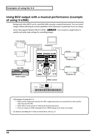 Examples of using the V-4



Using BGV output with a musical performance (example
of using V-LINK)
         Background video (BGV) can be controlled while you play a musical instrument. You can control
         images without affecting the normal capabilities of the instrument. In particular if you are using a

         device that supports Roland/Edirol V-LINK (                                   ), you can press a single button to
         quickly and easily make settings for controlling images.




             Live source

                                                                Preview




                                                                                                    Projector (1)




                DV-7PR


                                                                                                    Projector (2)
            Video output
                                                                     MIDI control




         Advantages of using the V-4
             • When used in conjunction with the DV-7PR, a single instrument can control the live video and the
               video from the DV-7PR
             • Video effects can be turned on/off from the musical instrument
             • If you are using a V-LINK compatible device, MIDI settings can be made very simply

     *   For details on controlling the V-4 from an external device, refer to p. 57.




88
 