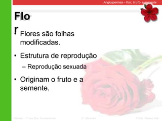 Flo
r
Angiospermas – flor, fruto e semente
• Flores são folhas
modificadas.
• Estrutura de reprodução
– Reprodução sexuada
• Originam o fruto e a
semente.
Ciências – 7º ano Ens. Fundamental 2º Bimestre Profa. Rebeca Vale
 
