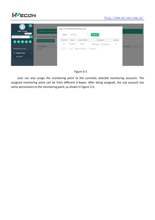http.//www.we-con.com.cn/
Figure 5-5
User can also assign the monitoring point to the currently selected monitoring accounts. The
assigned monitoring point can be from different V-boxes. After being assigned, the sub account has
some permissions to the monitoring point, as shown in Figure 5-6.
 
