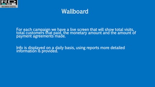 Wallboard
For each campaign we have a live screen that will show total visits,
total customers that paid, the monetary amount and the amount of
payment agreements made.
Info is displayed on a daily basis, using reports more detailed
information is provided.
 