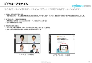ブイキューブモバイル
V-CUBEミーティングをスマートフォンとタブレットで利用できるアプリケーションです。
① 映像 / 音声の送受信に対応
- 今まではパケット網と電話網を使った方式で提供していましたが、パケット通信のみで映像／音声の送受信に対応しました。
② ホワイトボード機能の機能追加
- 資料張込みに対応（AndroidはSDカード、iOSはiTunesから）
- カメラ画像の回転に対応
③ 対応デバイスの拡大
- スマートフォン端末や、iPod Touch等のモバイルデバイスにも対応
- BlackBerry Playbookにも対応し海外での利用もOK
ミーティング機能 ホワイトボード機能
(C) 2013 Cybozu 10
 