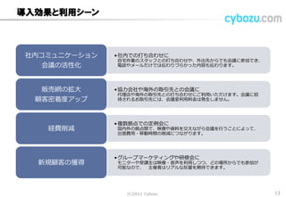 導入効果と利用シーン
•社内での打ち合わせに
自宅作業のスタッフとの打ち合わせや、外出先からでも会議に参加でき、
電話やメールだけでは伝わりづらかった内容も伝わります。
社内コミュニケーション
会議の活性化
•協力会社や海外の取引先との会議に
代理店や海外の取引先との打ち合わせにご利用いただけます。会議に招
待されるお取引先には、会議室利用料金は発生しません。
販売網の拡大
顧客密着度アップ
•複数拠点での定例会に
国内外の拠点間で、映像や資料を交えながら会議を行うことによって、
出張費用・移動時間の削減につながります。
経費削減
•グループマーケティングや研修会に
モニターや受講生は映像・音声を利用しつつ、どの場所からでも参加が
可能なので、 主催者はリアルな反響を期待できます。
新規顧客の獲得
(C) 2013 Cybozu 13
 