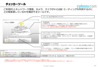 チェッカーツール
ご利用PCとネットワーク環境、カメラ、マイクがV-CUBE ミーティングを利用するのに
どの程度適しているかを確認するツールです。
※本資料では、V-CUBE ミーティングのChecker < Version.2.5.0.1 > についてご案内いたします。
※Checkerの結果はあくまでも目安です。 V-CUBE ミーティングと利用環境との適合性を示す絶対的な評価基準ではありませんので、ご注意ください。
【ランク】総合評価が表示されます。
【詳細情報】
この枠内には、ランク、評価項目とポイント、取得した情報が記載されます。
ポイントは5を最高点とし、5から0のいずれかが表示されます。
※ポイントは、Checkerに設定された基準値に則って算出されます。
【計測結果をメールで送る】
計測結果をメールでブイキューブカスタマーサポートセンター宛に送る場合に利用し
ます。
クリックすると、ご利用中のメーラーが起動し、チェック結果の詳細が記載されます。
※メーラーを使用していない場合は起動しません。
【クリップボードへコピーする】
クリックすると、チェック結果の詳細がクリップボードにコピーされます。
メモ帳やメールの草稿などを開き、右クリックして「貼り付け」を選択すると、計測結果
の詳細が貼り付けられます。
測定結果の【ランク】は、S,A,B,C,D,F で表示されます。
≪チェック結果≫
(C) 2013 Cybozu 14
 