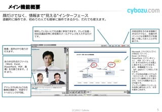 メイン機能概要
Microsoft（マイクロソフ
ト）のWord（ワード）、
Excel（エクセル）、
PowerPoint（パワーポイ
ント）、PDF（ピーディー
エフ）をそのままテレビ会
議上に表示することができ
ます。また、各種画像ファ
イル（gif・jpgなど）に対
応しております。
データはWeb会議システム
の「ホワイトボード」と呼
ばれるエリアに画像化され
て表示され、だれでも閲覧
することが可能です。
アップした資料にペンツー
ルを利用し線引きしたり、
文字を書きこめます。
内容全部をそのまま録画で
きるだけでなく、会議のポ
イントとなる箇所だけを録
画して残しておくことが可
能です。
契約していない人でも会議に参加できます。テレビ会議・
Web会議設定時に参加者のメールアドレスを入力するだけで
す。
映像・音声のやり取りが行
えます。
あらゆる形式のファイル
（Word、Excel、
PowerPoint、PDF、画
像）を交換できます。２M
まで。
アドレスやURLなども自動
検出機能で、外部サイトへ
のリンクが可能。
顔だけでなく、情報まで“見える”インターフェース
直観的に操作でき、初めての人でも簡単に操作できるから、だれでも使えます。
(C) 2013 Cybozu 5
 