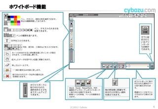 ペン、テキスト、図形の色を選択できます。
色は16種類用意しております。
ペン、テキストの大きさを
変更できます。
ペンの種類を選べます。
文字を入力できます。
円形、長方形、三角形などを入力できます。
カーソルを合わせると参加者全員にポインターが表示
されます。いわゆる指し棒です。
拡大したデータを見やすい位置に移動できます。
消しゴムツールです。
ホワイトボードに
貼り付けられた
資料を約５００％
までズームアップ
できます。
一つ前の書き込み内容に戻します。
貼り付けられたデータ以外の書き込み
を削除できます。
Word、Excel、PowerPoint、PDF、
画像をアップロードしホワイトボー
ドに貼り付ける事ができます。
新規ページの作成、ページの削除を
行えます。
ホワイトボードに貼り
付けられた資料のペー
ジ切り替えが行えま
す。
希望のページをクリッ
クするだけで表示でき
ます。
他の参加者に影響せず、
自分だけが見たい資料
を表示できます。
すでに設
定されて
いるプリ
ンターか
ら印刷が
できます。
ホワイトボード機能
(C) 2013 Cybozu 6
 