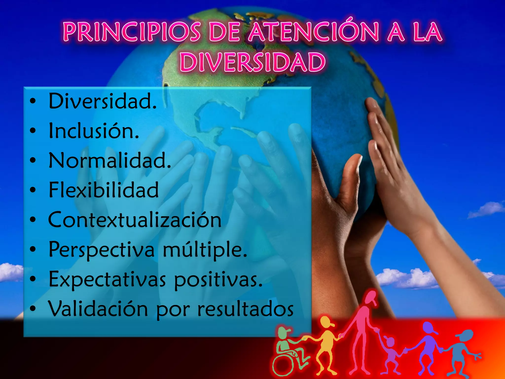•   Diversidad.
•   Inclusión.
•   Normalidad.
•   Flexibilidad
•   Contextualización
•   Perspectiva múltiple.
•   Expectativas positivas.
•   Validación por resultados
 