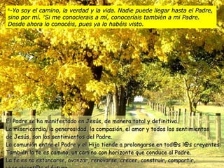 6 - Yo soy el camino, la verdad y la vida. Nadie puede llegar hasta el Padre, sino por mí.  7 Si me conocierais a mí, conoceríais también a mi Padre. Desde ahora lo conocéis, pues ya lo habéis visto. El Padre se ha manifestado en Jesús, de manera total y definitiva.  La misericordia, la generosidad, la compasión, el amor y todos los sentimientos de Jesús, son los sentimientos del Padre. La comunión entre el Padre y el Hijo tiende a prolongarse en tod@s l@s creyentes. También la fe es camino, un camino con horizonte que conduce al Padre. La fe es no estancarse, avanzar, renovarse, crecer, construir, compartir, vivir abiert@s al futuro. 