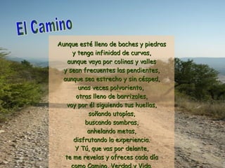 Aunque esté lleno de baches y piedras y tenga infinidad de curvas, aunque vaya por colinas y valles y sean frecuentes las pendientes, aunque sea estrecho y sin césped, unas veces polvoriento,  otras lleno de barrizales, voy por él siguiendo tus huellas, soñando utopías, buscando sombras, anhelando metas, disfrutando la experiencia. Y Tú, que vas por delante, te me revelas y ofreces cada día como Camino, Verdad y Vida.   Ulibarri Fl. El Camino 
