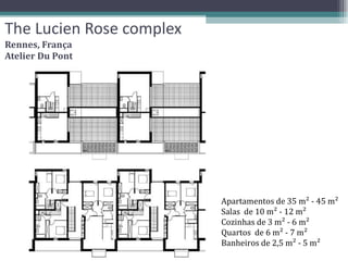The Lucien Rose complex Rennes, França Atelier Du Pont Apartamentos de 35 m² - 45 m² Salas  de 10 m² - 12 m² Cozinhas de 3 m² - 6 m² Quartos  de 6 m² - 7 m² Banheiros de 2,5 m² - 5 m² 