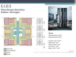 E.I.O.5 Plaza Europa, Barcelona Roldan + Berengué Circulação Áreas molhadas Social Íntimo Áreas Apartamentos 01: 69m² Apartamentos 02: 56m² Cozinha: 7,9m² - 9,6m² WCB: 4,5m² - 4m² Serviço: 2,45m² - 2m² Sala: 9,3m² - 13m² Quarto: 12m² - 11m² 