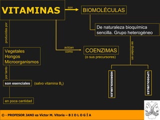 VITAMINAS BIOMOLÉCULAS son De naturaleza bioquímica sencilla. Grupo heterogéneo . producidas por Vegetales Hongos Microorg...