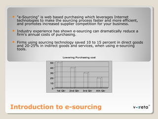 Introduction to e-sourcing
 "e-Sourcing" is web based purchasing which leverages Internet
technologies to make the sourcing process faster and more efficient,
and promotes increased supplier competition for your business.
 Industry experience has shown e-sourcing can dramatically reduce a
firm's annual costs of purchasing.
 Firms using sourcing technology saved 10 to 15 percent in direct goods
and 20-25% in indirect goods and services, when using e-sourcing
tools.
0
10
20
30
40
50
1st Qt r 2nd Qt r 3rd Qt r 4t h Qt r
Low ering Purchasing cost
 