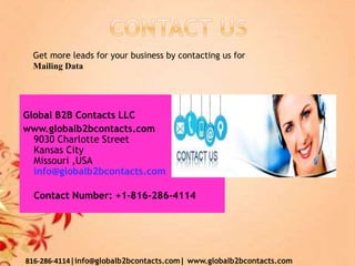 Global B2B Contacts LLC
www.globalb2bcontacts.com
9030 Charlotte Street
Kansas City
Missouri ,USA
info@globalb2bcontacts.com
Contact Number: +1-816-286-4114
816-286-4114|info@globalb2bcontacts.com| www.globalb2bcontacts.com
Get more leads for your business by contacting us for
Mailing Data
 