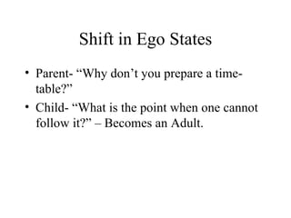 Shift in Ego States Parent- “Why don’t you prepare a time-table?” Child- “What is the point when one cannot follow it?” – Becomes an Adult. 