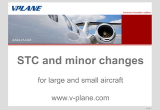 ... Because safety matters

EASA.21J.323

STC and minor changes
for large and small aircraft

www.v-plane.com
- Folie 1 -

 