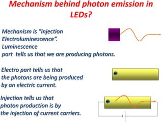 Mechanism is “injection
Electroluminescence”.
Luminescence
part tells us that we are producing photons.
Electro part tells us that
the photons are being produced
by an electric current.
e-
Injection tells us that
photon production is by
the injection of current carriers.
Mechanism behind photon emission in
LEDs?
e-
 