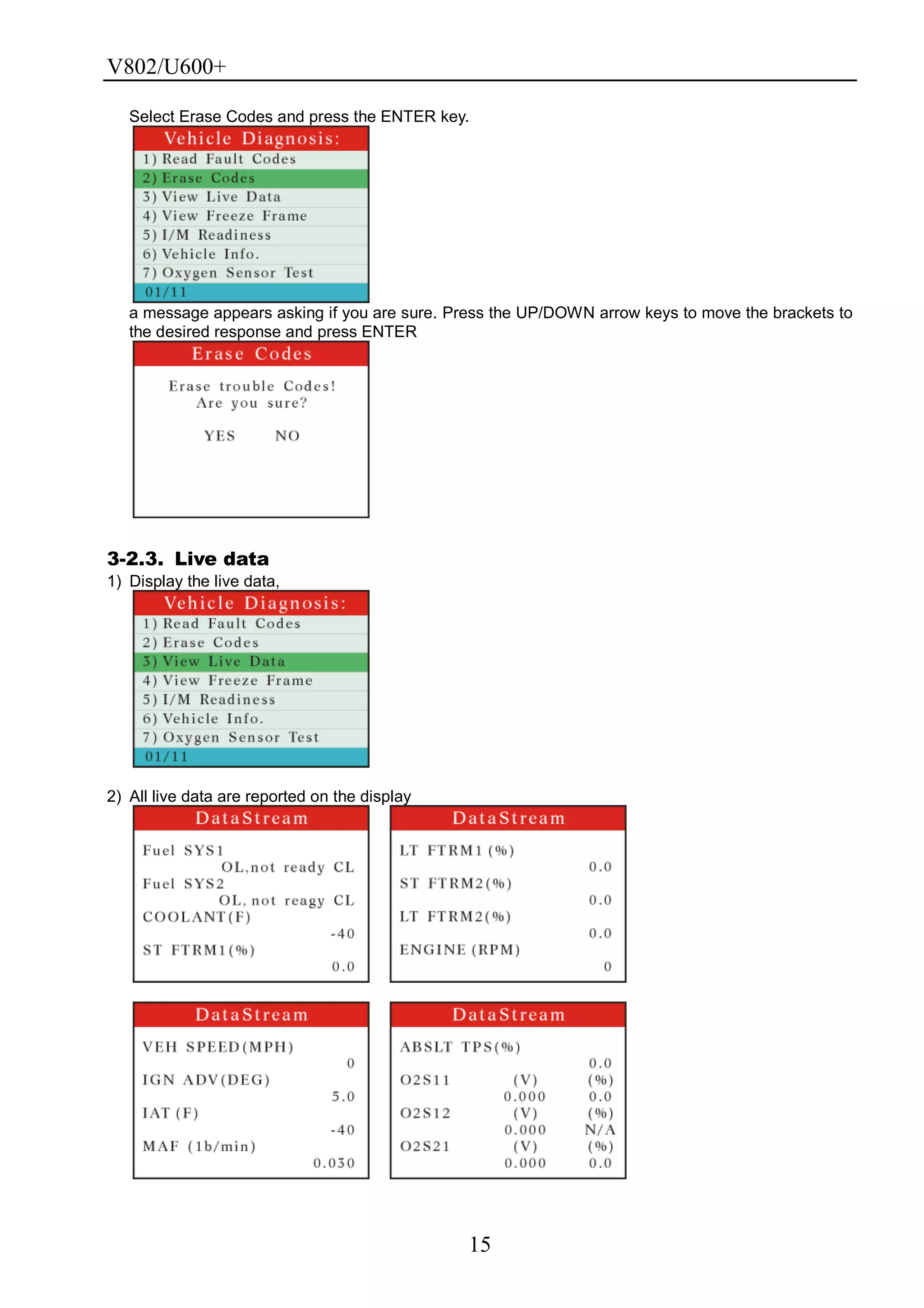 V802/U600+
15
Select Erase Codes and press the ENTER key.
a message appears asking if you are sure. Press the UP/DOWN arrow keys to move the brackets to
the desired response and press ENTER
3-2.3. Live data
1) Display the live data,
2) All live data are reported on the display
 