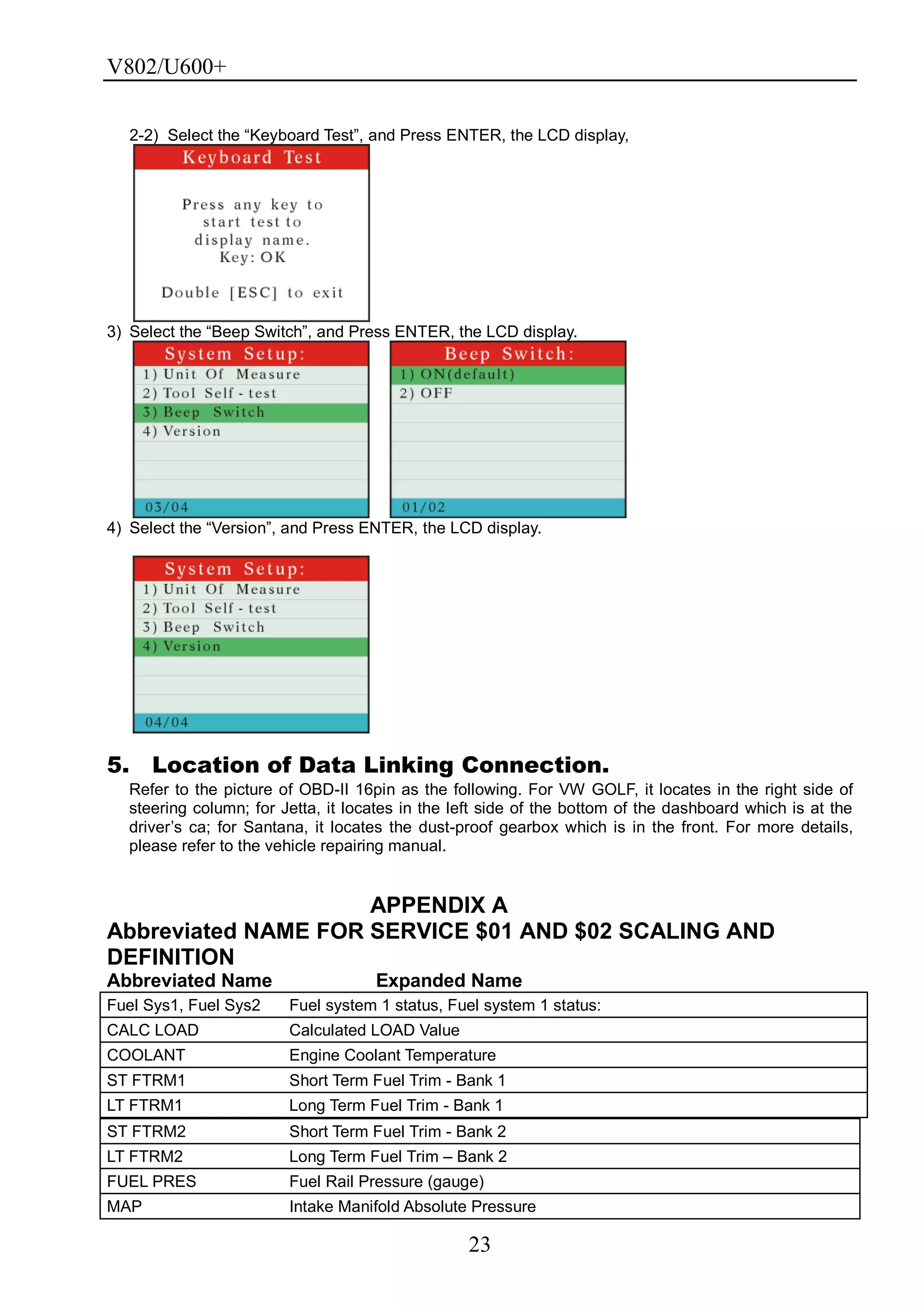 V802/U600+
23
2-2) Select the ―Keyboard Test‖, and Press ENTER, the LCD display,
3) Select the ―Beep Switch‖, and Press ENTER, the LCD display.
4) Select the ―Version‖, and Press ENTER, the LCD display.
5. Location of Data Linking Connection.
Refer to the picture of OBD-II 16pin as the following. For VW GOLF, it locates in the right side of
steering column; for Jetta, it locates in the left side of the bottom of the dashboard which is at the
driver’s ca; for Santana, it locates the dust-proof gearbox which is in the front. For more details,
please refer to the vehicle repairing manual.
APPENDIX A
Abbreviated NAME FOR SERVICE $01 AND $02 SCALING AND
DEFINITION
Abbreviated Name Expanded Name
Fuel Sys1, Fuel Sys2 Fuel system 1 status, Fuel system 1 status:
CALC LOAD Calculated LOAD Value
COOLANT Engine Coolant Temperature
ST FTRM1 Short Term Fuel Trim - Bank 1
LT FTRM1 Long Term Fuel Trim - Bank 1
ST FTRM2 Short Term Fuel Trim - Bank 2
LT FTRM2 Long Term Fuel Trim – Bank 2
FUEL PRES Fuel Rail Pressure (gauge)
MAP Intake Manifold Absolute Pressure
 