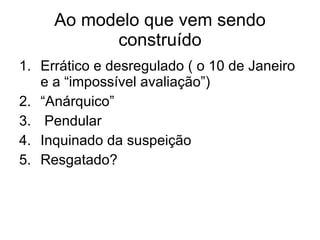 Ao modelo que vem sendo construído Errático e desregulado ( o 10 de Janeiro e a “impossível avaliação”) “Anárquico” Pendular Inquinado da suspeição Resgatado? 