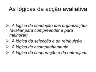 As lógicas da acção avaliativa .  A lógica de condução das organizações (avaliar para compreender e para melhorar) . A lógica da selecção e da retribuição   . A lógica de acompanhamento . A lógica da cooperação e da entreajuda 
