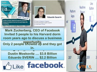 Only 2 people showed up and they got
in.
Today those 2 people are
BILLIONAIRES
Mark Zuckerberg, CEO of Facebook
Invited 5 people to his Harvard dorm
room years ago to discuss a business
opportunity.
Dustin Moskovitz .... $3.8 Billion
Eduardo SVERIN .... $2.2 Billion
 