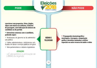 PODE N
NÃO PODE
PODE NÃO PODE
18
caracteres com propostas, fotos, jingles,
clipes com música ou vinhetas, inclusive
de passagem, com indicação do número do
candidato ou do partido
• Entrevistas externas com o candidato,
podendo expor:
9 Realizações de governo ou da administra-
ção pública
9 Falhas administrativas e deficiências veri-
ficadas em obras e serviços públicos em geral
9 Atos parlamentares e debates legislativos
ATENÇÃO!
• É obrigatória a utilização de
LIBRAS ou legenda
RÁDIO E
TELEVISÃO
• Propaganda cinematográﬁca -
montagens, trucagens, computação
gráﬁca, desenhos animados e efeitos
especiais ou outro recurso de áudio e vídeo
 