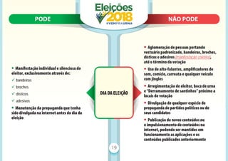 PODE N
NÃO PODE
PODE NÃO PODE
19
DIA DA ELEIÇÃO
• Manifestação individual e silenciosa do
eleitor, exclusivamente através de:
9 bandeiras
9 broches
9 dísticos
9 adesivos
• Manutenção da propaganda que tenha
sido divulgada na internet antes do dia da
eleição
• Aglomeração de pessoas portando
vestuário padronizado, bandeiras, broches,
dísticos e adesivos (manifestação coletiva),
até o término da votação
• Uso de alto-falantes, ampliﬁcadores de
som, comício, carreata e qualquer veículo
com jingles
• Arregimentação de eleitor, boca de urna
e“Derramamento de santinhos”próximo a
locais de votação
• Divulgação de qualquer espécie de
propaganda de partidos políticos ou de
seus candidatos
• Publicação de novos conteúdos ou
o impulsionamento de conteúdos na
internet, podendo ser mantidos em
funcionamento as aplicações e os
conteúdos publicados anteriormente
 