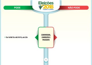 PODE N
NÃO PODE
PODE NÃO PODE
6
CAMINHADA,
CARREATA E
PASSEATA
• De 16/08/18 a 06/10/18, até 22h
 