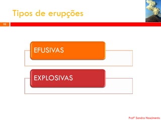 Tipos de erupções
22

EFUSIVAS

EXPLOSIVAS

Profª Sandra Nascimento

 
