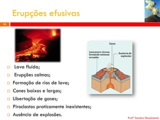 Erupções efusivas
23










Lava fluída;
Erupções calmas;
Formação de rios de lava;
Cones baixos e largos;
Libertação de gases;
Piroclastos praticamente inexistentes;
Ausência de explosões.

Profª Sandra Nascimento

 