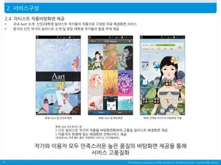 2. 서비스구성
2.4. 아티스트 작품바탕화면 제공
•
•

국내 Aart 소개: 신인/대학생 일러스트 작가들의 작품으로 구성된 무료 배경화면 서비스
현지의 신인 작가의 일러스트 소개 및 유망 대학생 작가들의 발굴 무대 제공

예제) Aart 앱 인트로 화면

예제) Aart 앱 메인화면

예제) 선택한 이미지의 바탕화면 적용

예제) Aart 안드로이드 앱

> 신진 일러스트 작가의 작품을 바탕화면화하여 고품질 일러스트 배경화면 제공
> 이용자의 취향에 맞는 배경화면 선택서비스 제공
<운영관리는 추후 별도 협의, 바탕화면 서비스는 2차개발예정>

작가와 이용자 모두 만족스러운 높은 품질의 바탕화면 제공을 통해
서비스 고품질화
10

This Material is proprietary to MNL Solution Co. All Right Reserved. Copyright MNL Solution

 