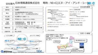 Copyright  ©  2014  Nippon  Information  and  Communication  Corporation  
会社案内 ⽇日本情報通信株式会社 略略称：NI+C(エヌ・アイ・アンド・シー)
設⽴立立 1985年年12⽉月18⽇日
資本⾦金金 40億円
株主
⽇日本電信電話株式会社(50%)
⽇日本アイ・ビー・エム株式会社(50%)
売上⾼高 422億円(FY13連結ベース)
社員数 976名(グループ会社計:FY14 4⽉月現在)
代表
取締役
代表取締役社⻑⾧長 廣瀬 雄⼆二郎郎
代表取締役副社⻑⾧長 三浦 浩
事業内容
・システムインテグレーションサービス
・ハードウェア機器、ソフトウェア製品の販
売
お取引先 約2,400社
本社(築地)
開発拠点(⾨門前仲町)
東北北開発室(仙台)
中部⽀支店(名古屋)
⼤大阪⽀支店
全国主要都市の⽀支店／拠点の
営業・サポート体制により、
きめ細かなプロジェクト運営をご提
供します。
u国際規格 ISO/IEC27001  
情報セキュリティマネジメントシステム
u国際規格 ISO14001
環境マネジメントシステム
本社・⾨門前仲町開発センター・⼤大阪⽀支店
エヌアイシー・ソフト株式会社/本社
エヌアイシー・ネットシステム株式会社/本社
u国際規格 ISO9001
品質マネジメントシステム
ソフトウェア開発部⾨門
uJNX  認定サービス・プロバイダー
uNTTコミュニケーションズ・ビジネスパートナー
uNTT東⽇日本Tm@Partner
uJPNIC正規会員
インターネット・サービス・プロバイダー
uIPアドレス管理理指定業者
uAT&Tグローバル・サービス特約店
uMicrosoft認定パートナー
uORACLE  Partner  
Network  Certified  Partner
uNovellソリューションパートナー
uIBMプレミア・ビジネス・パートナー
u届出電気通信事業者（総務省省）
u⼀一般建設業（電気通信⼯工事業）
主な会社資格
サポート体制
システム開発
システム運⽤用
ネットワーク技術
パートナー⽀支援
 