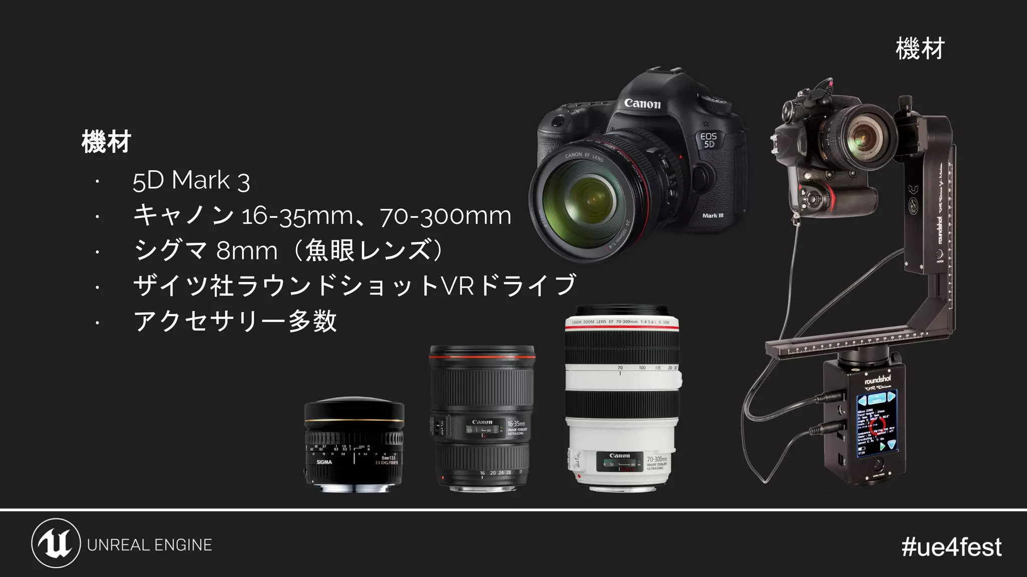 機材
機材
⋅ 5D Mark 3
⋅ キャノン 16-35mm、70-300mm
⋅ シグマ 8mm（魚眼レンズ）
⋅ ザイツ社ラウンドショットVRドライブ
⋅ アクセサリー多数
 