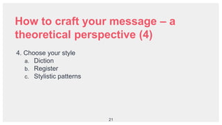 21
How to craft your message – a
theoretical perspective (4)
4. Choose your style
a. Diction
b. Register
c. Stylistic patt...