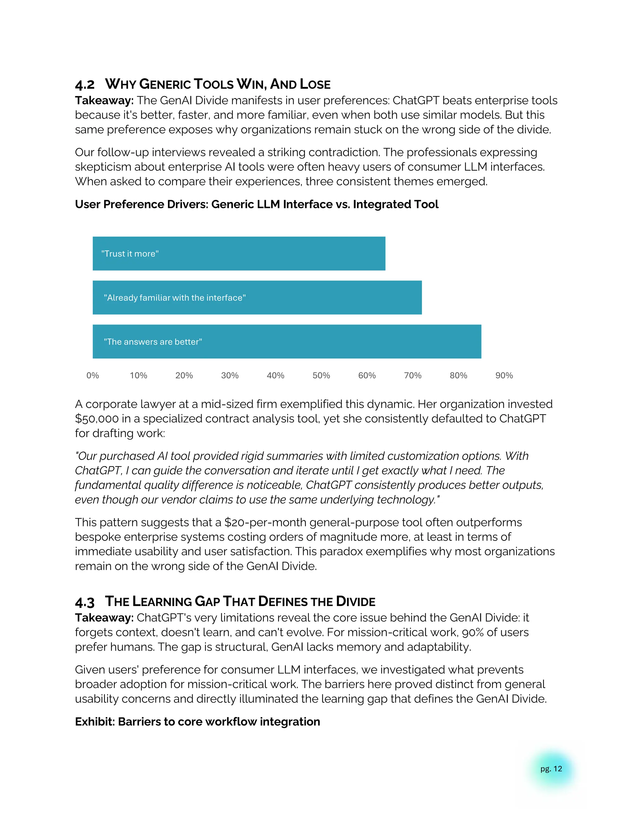 pg. 12
4.2 WHY GENERIC TOOLS WIN, AND LOSE
Takeaway: The GenAI Divide manifests in user preferences: ChatGPT beats enterprise tools
because it's better, faster, and more familiar, even when both use similar models. But this
same preference exposes why organizations remain stuck on the wrong side of the divide.
Our follow-up interviews revealed a striking contradiction. The professionals expressing
skepticism about enterprise AI tools were often heavy users of consumer LLM interfaces.
When asked to compare their experiences, three consistent themes emerged.
User Preference Drivers: Generic LLM Interface vs. Integrated Tool
A corporate lawyer at a mid-sized firm exemplified this dynamic. Her organization invested
$50,000 in a specialized contract analysis tool, yet she consistently defaulted to ChatGPT
for drafting work:
"Our purchased AI tool provided rigid summaries with limited customization options. With
ChatGPT, I can guide the conversation and iterate until I get exactly what I need. The
fundamental quality difference is noticeable, ChatGPT consistently produces better outputs,
even though our vendor claims to use the same underlying technology."
This pattern suggests that a $20-per-month general-purpose tool often outperforms
bespoke enterprise systems costing orders of magnitude more, at least in terms of
immediate usability and user satisfaction. This paradox exemplifies why most organizations
remain on the wrong side of the GenAI Divide.
4.3 THE LEARNING GAP THAT DEFINES THE DIVIDE
Takeaway: ChatGPT's very limitations reveal the core issue behind the GenAI Divide: it
forgets context, doesn't learn, and can't evolve. For mission-critical work, 90% of users
prefer humans. The gap is structural, GenAI lacks memory and adaptability.
Given users' preference for consumer LLM interfaces, we investigated what prevents
broader adoption for mission-critical work. The barriers here proved distinct from general
usability concerns and directly illuminated the learning gap that defines the GenAI Divide.
Exhibit: Barriers to core workflow integration
"The answers are better"
"Already familiar with the interface"
"Trust it more"
0% 10% 20% 30% 40% 50% 60% 70% 80% 90%
 