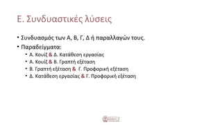 Ε. Συνδυαστικές λύσεις
• Συνδυασμός των Α, Β, Γ, Δ ή παραλλαγών τους.
• Παραδείγματα:
• A. Κουίζ & Δ. Κατάθεση εργασίας
• A. Κουίζ & Β. Γραπτή εξέταση
• Β. Γραπτή εξέταση & Γ. Προφορική εξέταση
• Δ. Κατάθεση εργασίας & Γ. Προφορική εξέταση
 